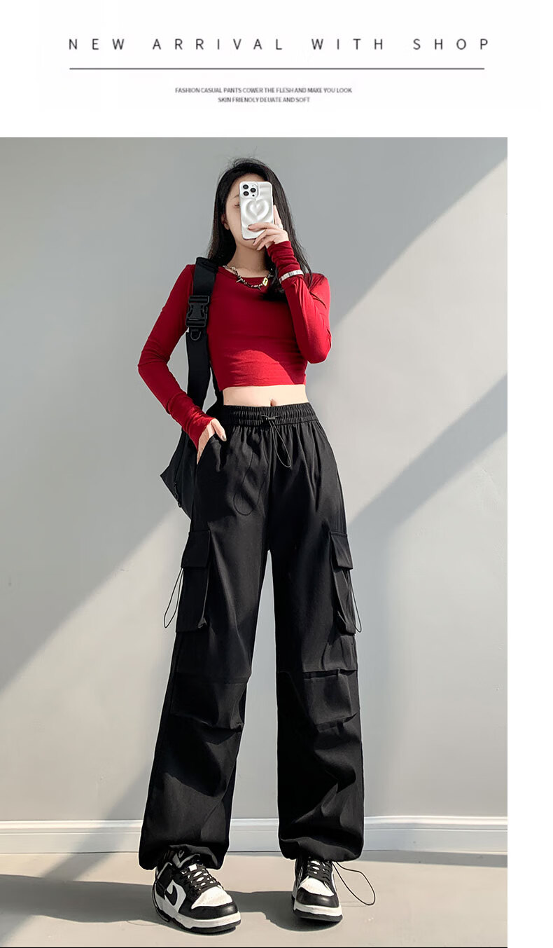 LangSha American-Style Parachute Cargo Pants for Women, Summer Ice Silk High-Waist Wide-Leg Loose Casual Quick-Dry Outdoor Sports Pants for Wome 30