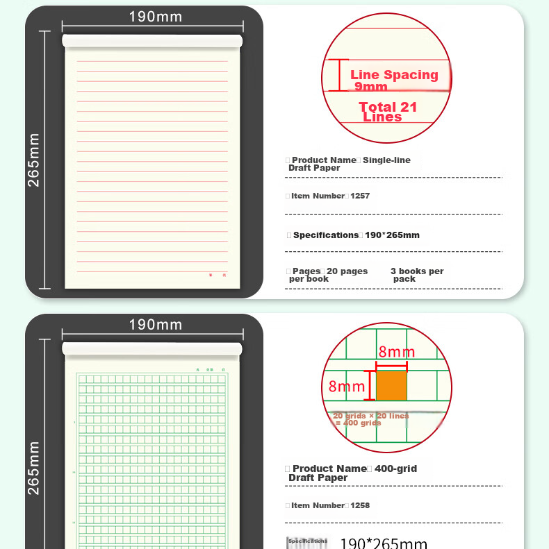 LISON 3-Pack Math Homework Paper (Medium Vertical Lines), Draft Paper, Student Practice Paper, A4/20 Sheets, High School Student Learning Tool, 1261 5
