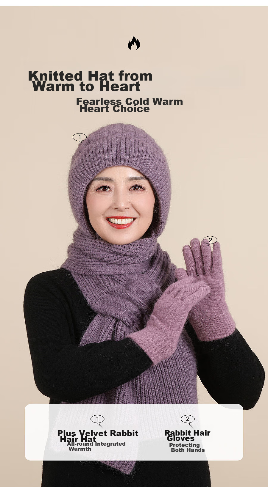 Hengyuanxiang Middle-Aged And Elderly Hat Scarf Integrated Knitted Cap, Winter Warm Rabbit Fur Fleece-Lined Gift for Elders 4