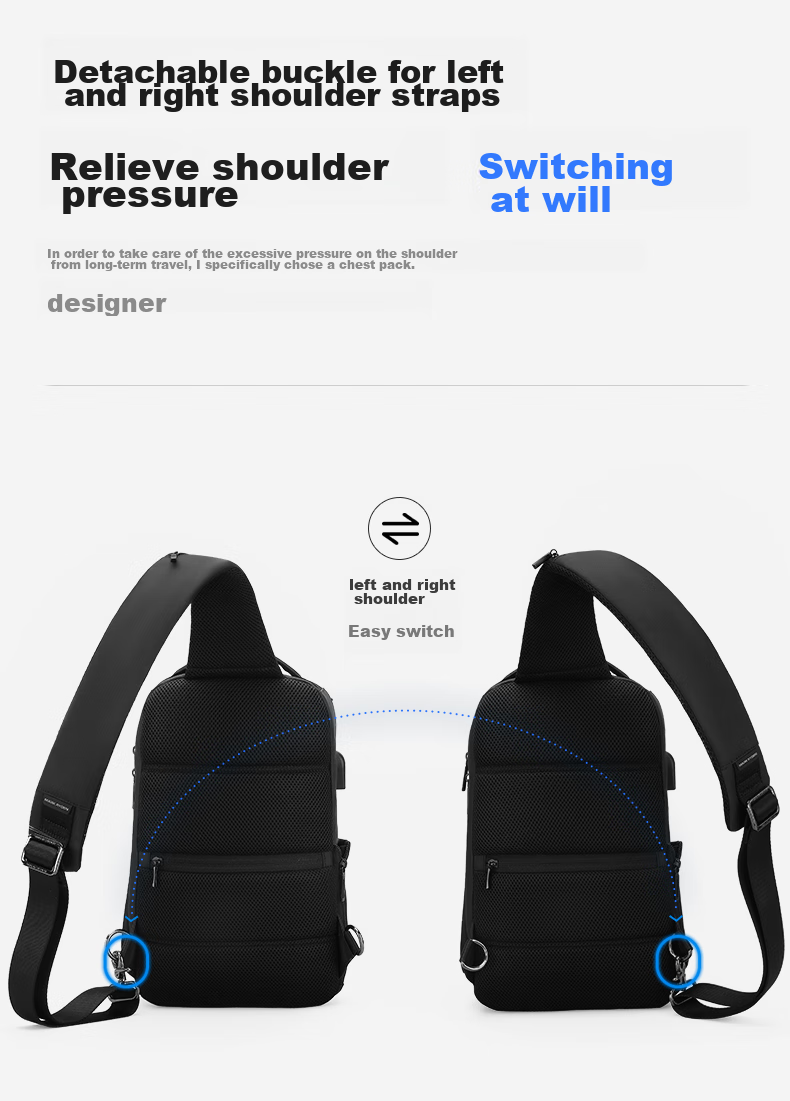 MARK RYDEN Men's Shoulder Bag, Business Casual Crossbody Bag, Water-Resistant Chest Pack, Fashionable Sports Mini Backpack MR7069 Elegant Black 11