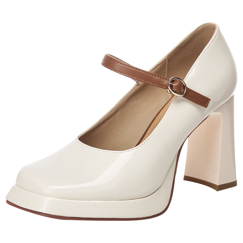 DAPHNE Ultra High Heels for Women, French Elegant One-Strap Buckle Square Toe Chunky Heel Pumps Women's 4623101118 Beige 37
