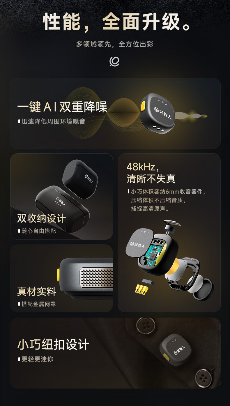Haomuren Wireless Lavalier Microphone, Live Streaming Equipment for Anchors, TikTok Karaoke Interview Recording Microphone, Outdoor Professional Noise-Cancelling Microphone for Short Video Vlog, Button-Type One-To 2