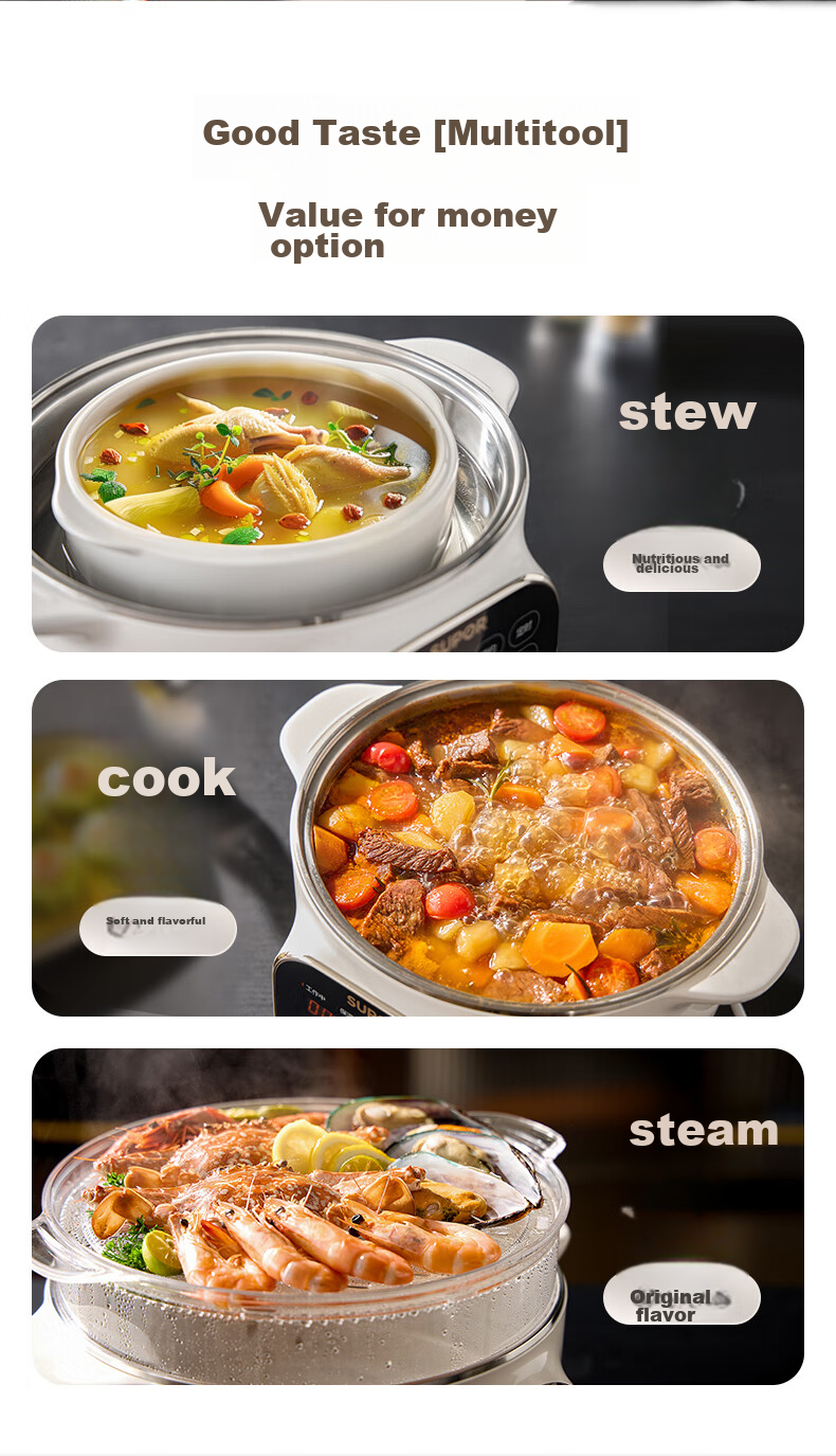 SUPOR Electric Stew Pot, Electric Stew Cup, Double Boiler for Cooking, Home Use Porridge And Soup Pot, Bird's Nest Stew Cup, 4.5L White Porcelain Inner Pot, Soup Pot with Steaming And Stewing Functions, DZ25YC876 Multifunctional Pot 3