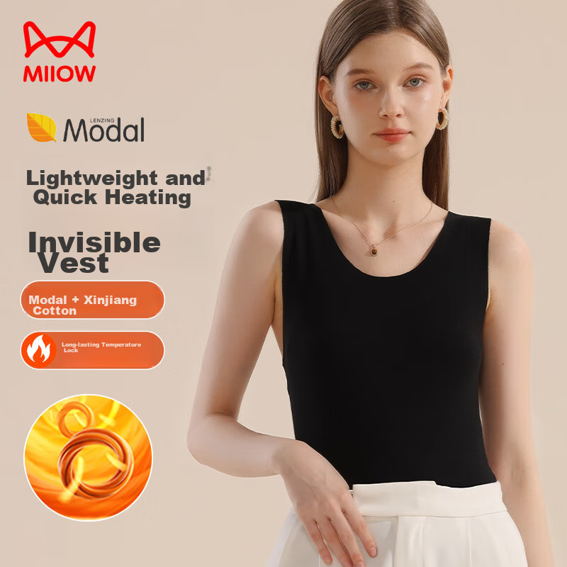 MiiOW New Cotton Modal Women's Thermal Vest, Soft Fleece Heating Silk Seamless Inner Layer Skin-Friendly Base Shirt, Black M