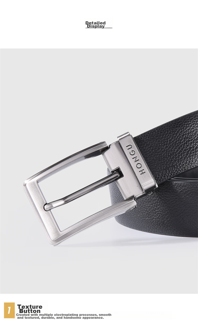 HONGU Men's Belt, Top-Grain Leather, Pin Buckle, Trimmable, Gift Box Packaging, Birthday Present 7