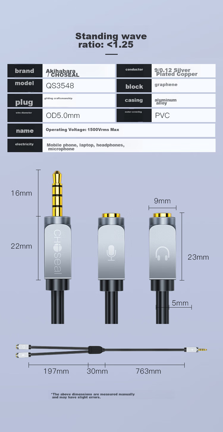 CHOOSEAL (CHOSEAL) Headphone Microphone Splitter Cable, Silver-Plated Copper Graphene Shielding, 3.5mm Mobile Audio Cable Splitter for Headphones And Microphone Adapter, 1 Meter, QS3548T1 2