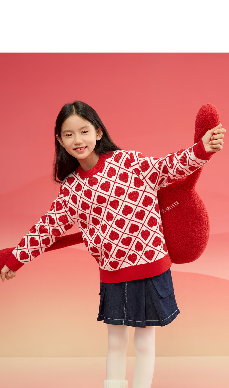BALABALA Girls' Sweater, Children's Knitwear, Spring Clothing for Kids, Heart Pattern, for Older Children, Trendy Knitted Top, 208125103002 13
