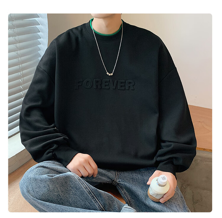 Dingfengbaoluo American Retro Crew Neck Sweatshirt for Men, Spring Trendy Steel-Printed Long-Sleeve Top DFL07 White XL 15