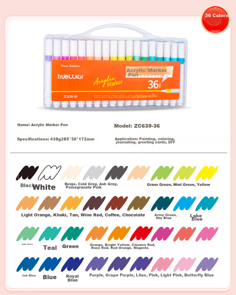 TRUECOLOR ZC639-60 Single-Head Water-Based Acrylic Marker, PP Box Packaging, Waterproof Quick-Drying, for Children And Students, Hand-Drawn Graffiti Painting, Watercolor Pen, Colored Drawing Brush 11