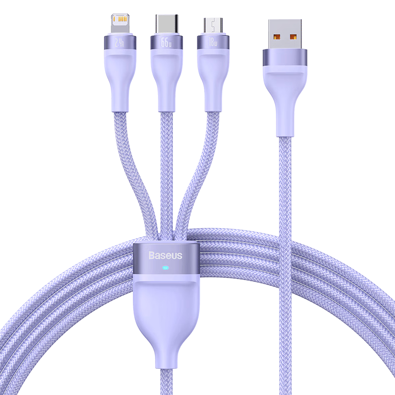 BASEUS Three-In Charging Cable, 6A Fast Charging 66W Charger Cord, Suitable for Apple 14/13, Xiaomi, Huawei, Type-C Android Phones, One-To Car Charger, Purple