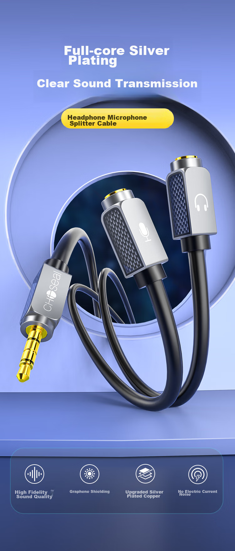 CHOOSEAL (CHOSEAL) Headphone Microphone Splitter Cable, Silver-Plated Copper Graphene Shielding, 3.5mm Mobile Audio Cable Splitter for Headphones And Microphone Adapter, 1 Meter, QS3548T1 1