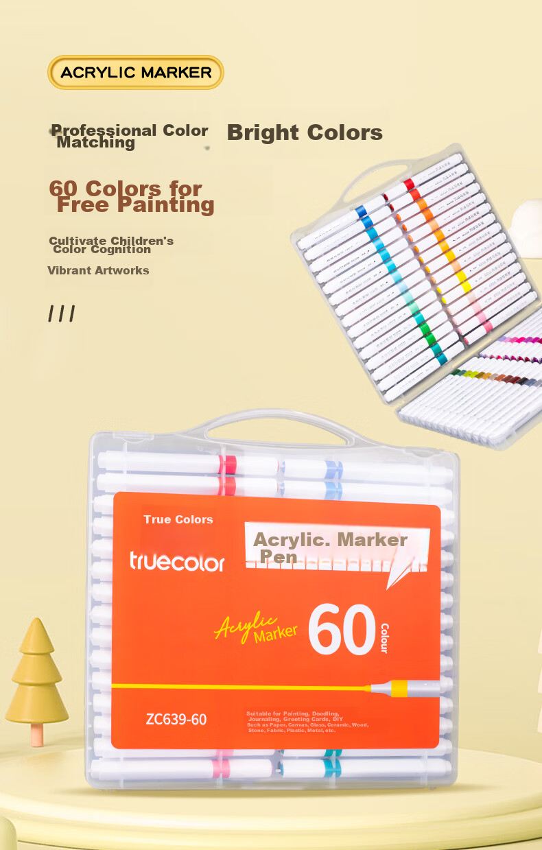 TRUECOLOR ZC639-60 Single-Head Water-Based Acrylic Marker, PP Box Packaging, Waterproof Quick-Drying, for Children And Students, Hand-Drawn Graffiti Painting, Watercolor Pen, Colored Drawing Brush 3