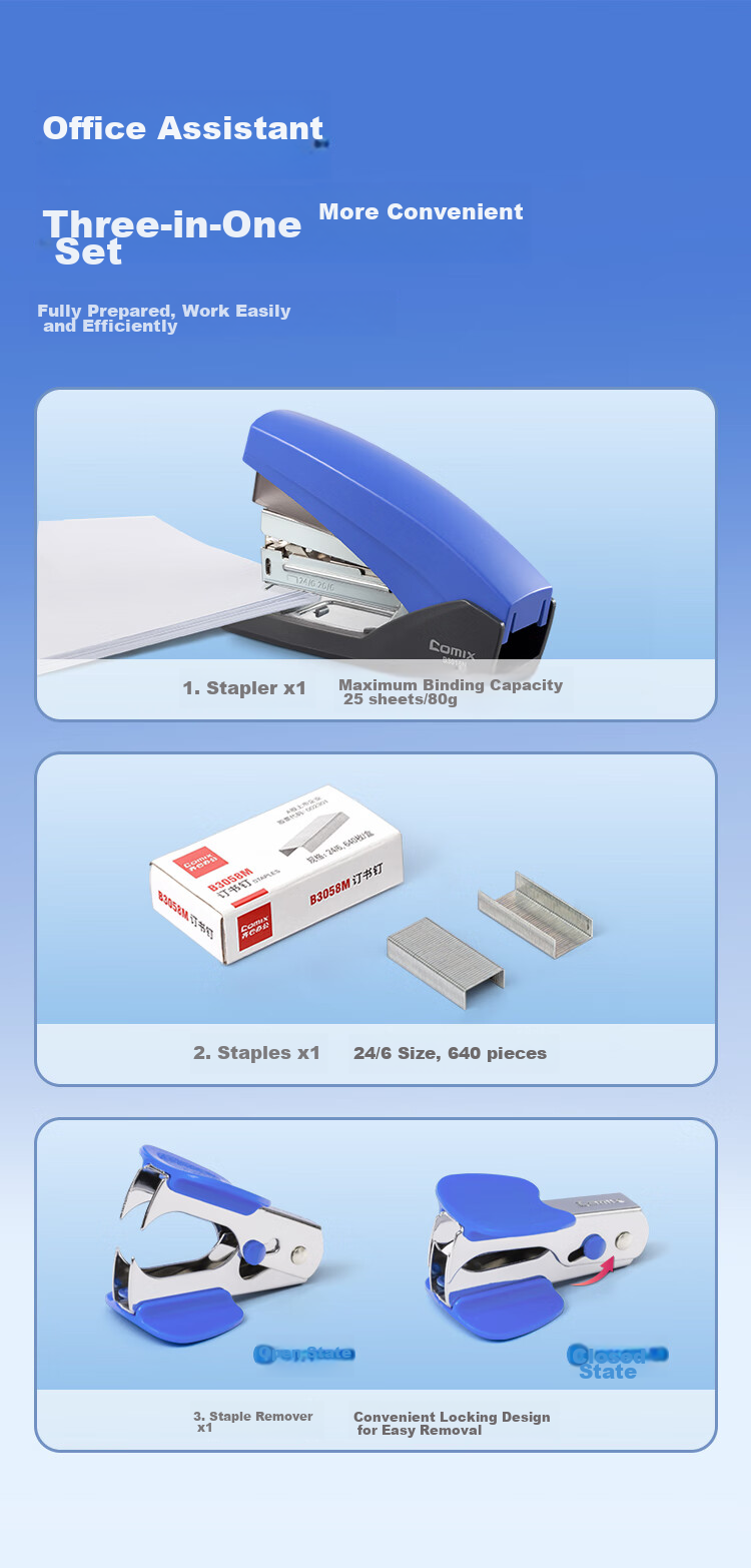 COMIX 12# Office Labor-Saving Stapler 3-Piece Set (Stapler, Staples, Staple Remover) Office Supplies Compatible with 24/6, Free 640 Blue Staples Included EB3019 1
