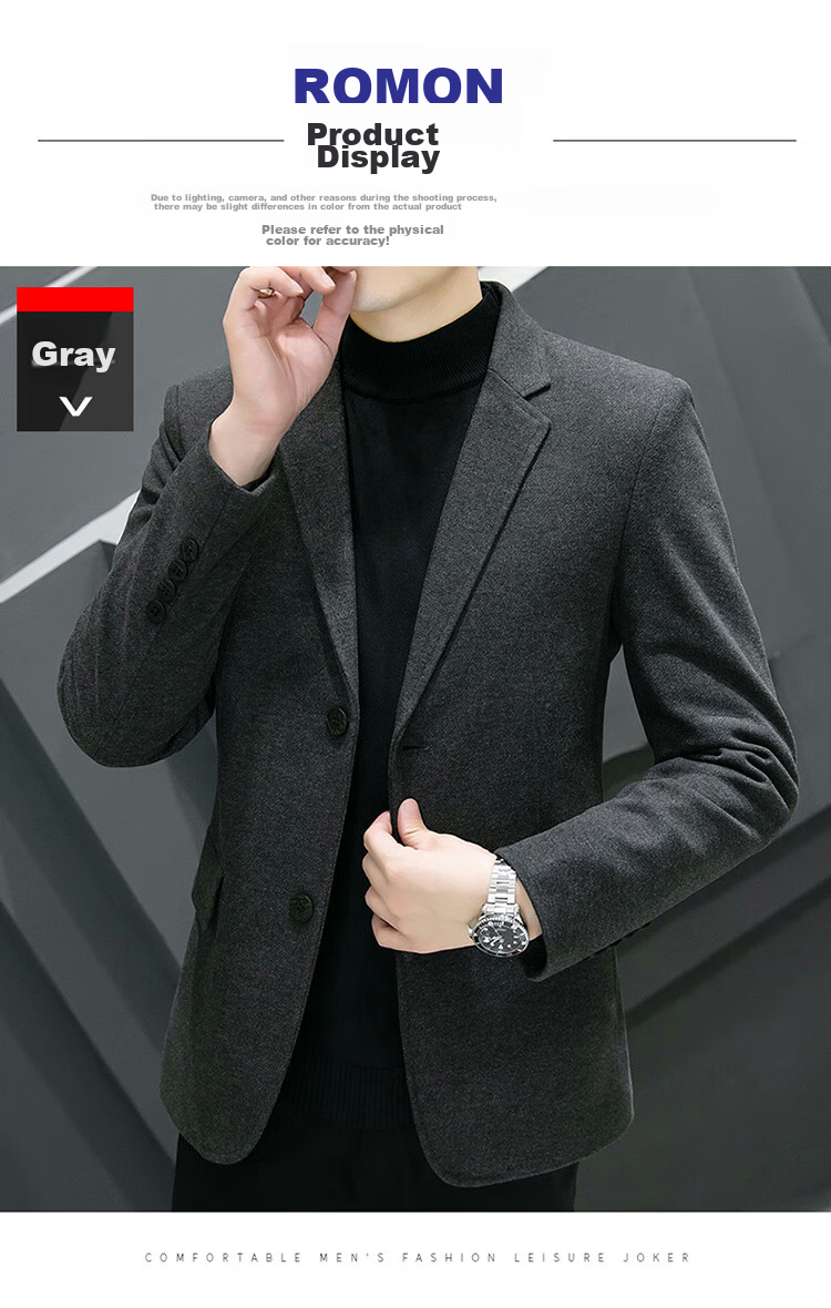 ROMON Men's Suit, Spring And Autumn Woolen Blazer, Business Casual Outerwear Jacket for Me 14