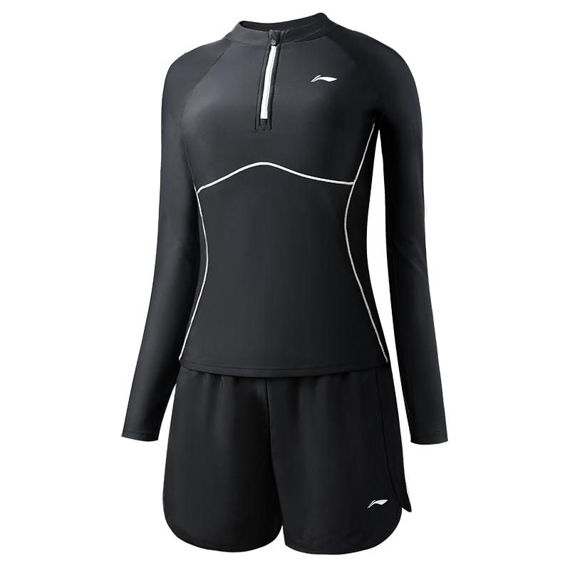 Li-Ning Hot Spring Swimming Suit for Women, Long-Sleeve Sun Protection Professional Swimsuit, Two-Piece Beach Diving Surfing Suit, 0022 Black XL