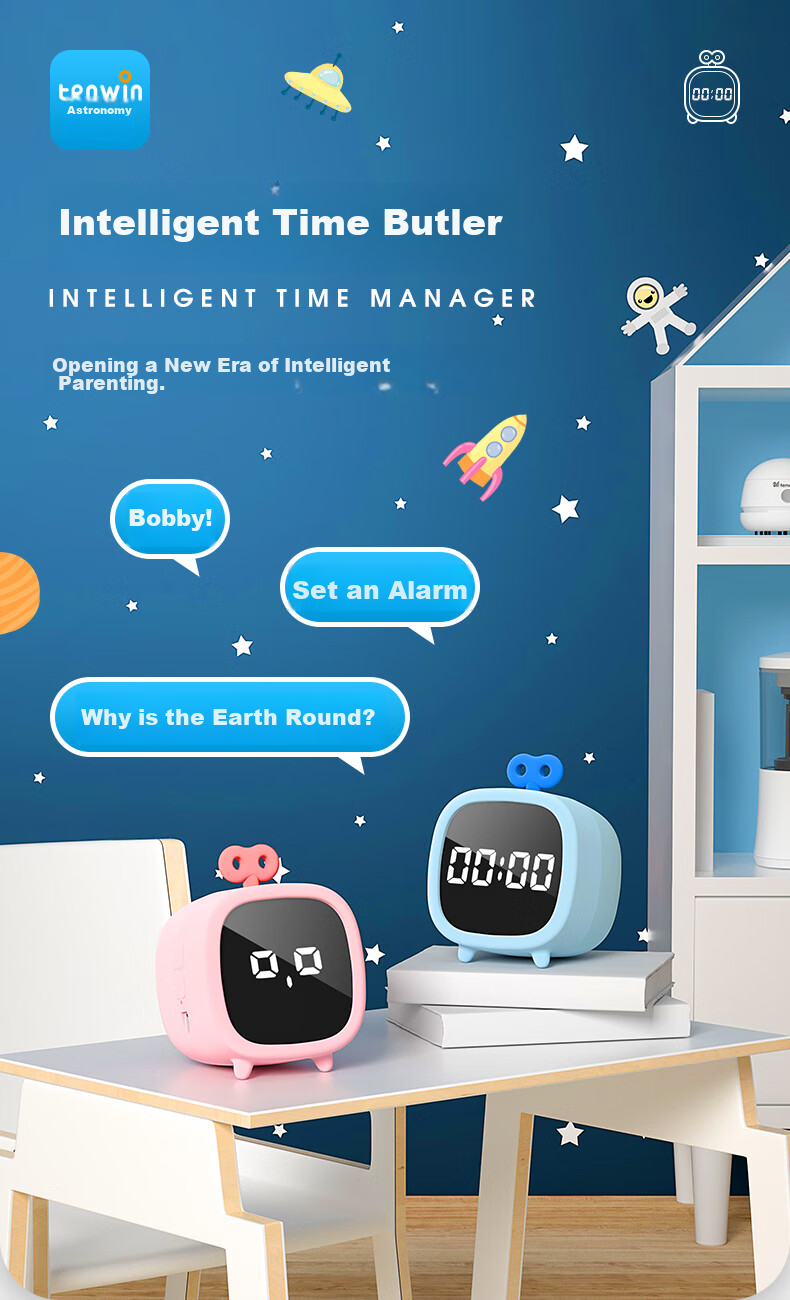 TEN-WIN Elementary School Student Smart Alarm Clock AI Time Management Device Multilingual Translation Learning Stationery Children's Official Textbook Visual Electronic Clock 1204 Blue 1