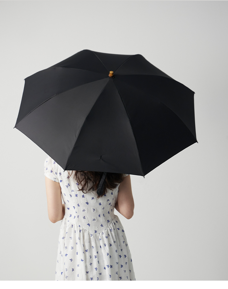 Obsu Japanese, Obsu Long-Handle Folding Umbrella for Women, Sturdy Double-Fold Circular Bamboo Handle Nano Non-Wet Umbrella, Black Bamboo Ring Umbrella 12