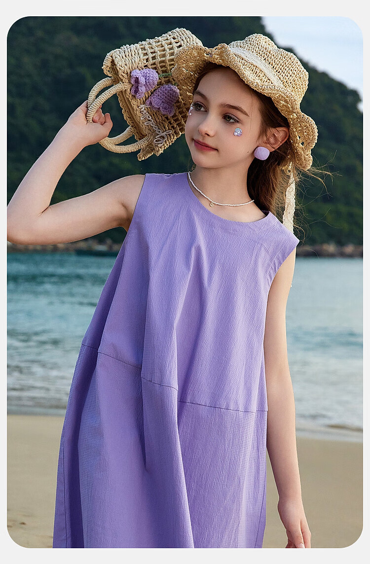 ASK JUNIOR Girls' Dress, Summer 2025 Children's Lightweight Sleeveless Dress, Princess Dress for Older Kids, Beach Long Skirt, Purple 14