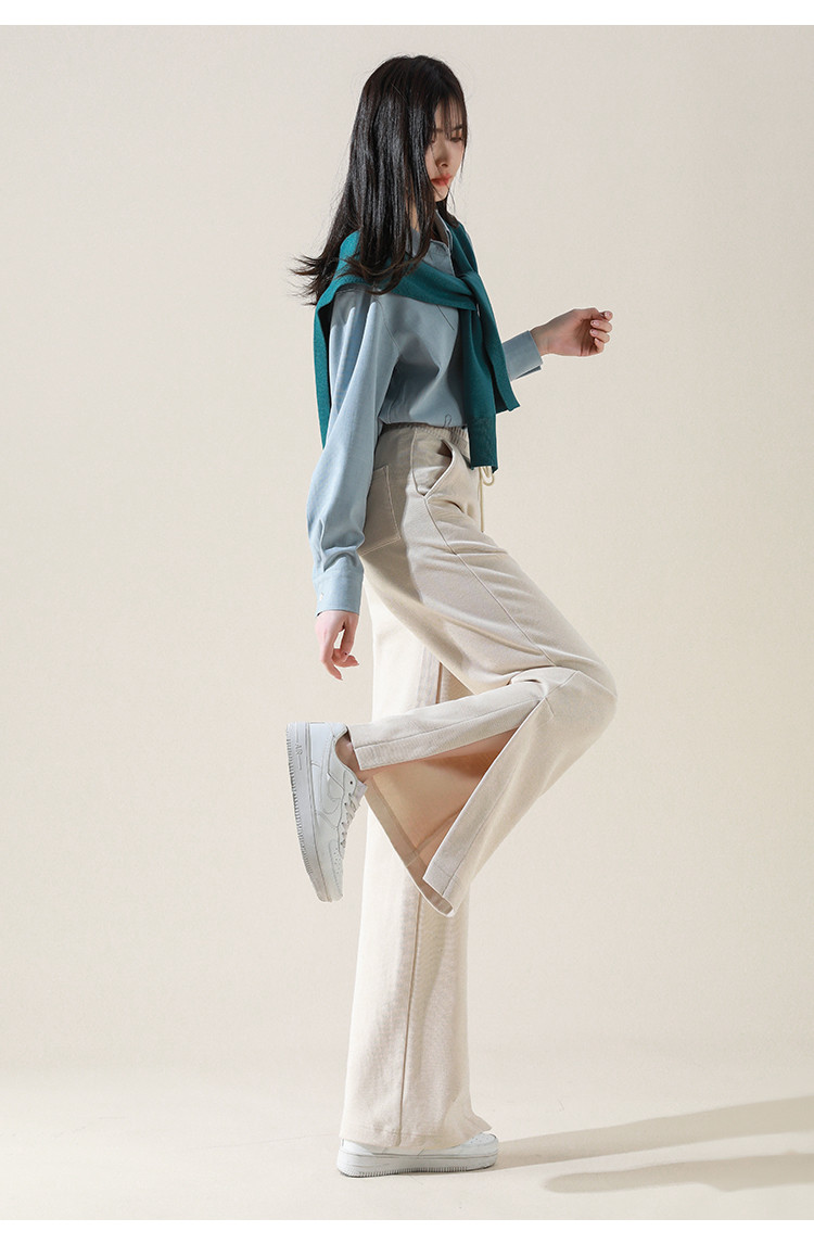 Dme [Knitted Pants] Spring And Autumn Commuter Women's Trousers with Drawstring Elastic Waist Straight Casual Wide-Leg Pants for Wome 24