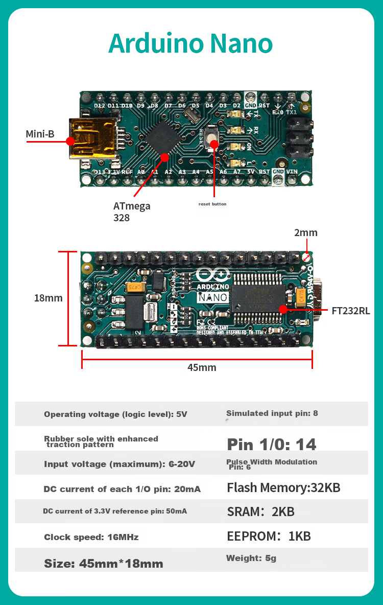 DiuShitou Compatible Arduino Nano Microcontroller AVR Beginner Development Board ATmega328 Chip Main Control Board Unassembled Pin Header Mini-B Interface 4