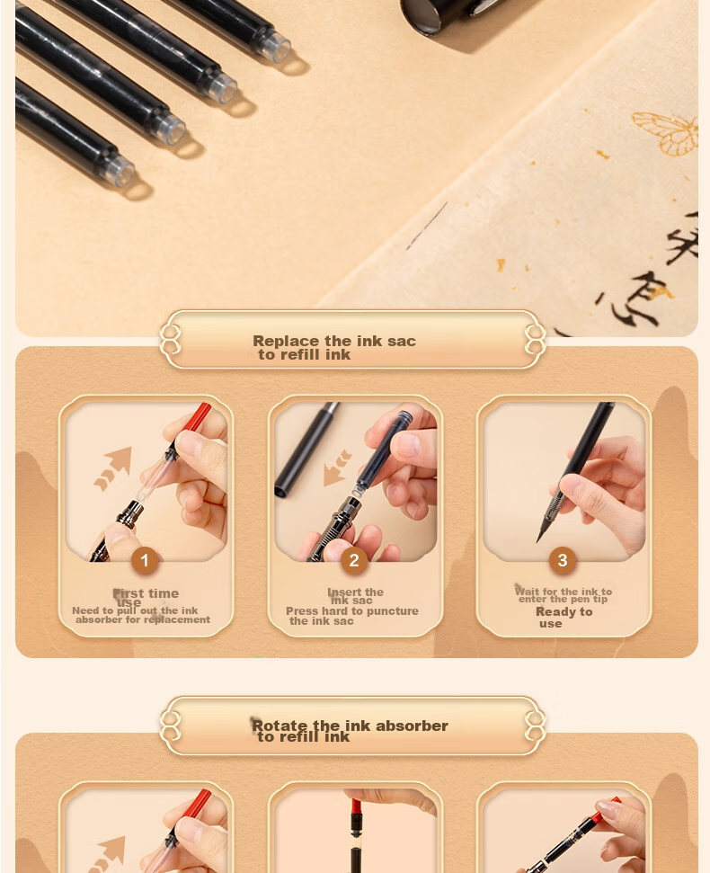 Deli Fountain Pen-Style Brush Pen for Calligraphy Practice, Small Regular Script, Refillable Ink, Replaceable Cartridge, Adult Beginner's Starter Kit, Calligraphy Copybook, Back-To Gift [Includes 18 Ink Cartridges] 8