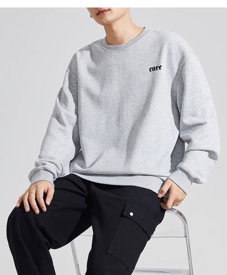 Huili Men's Sweatshirt, 320g Heavy Cotton, Autumn Long-Sleeve T-Shirt, Trendy Inner Layer, Loose-Fitting Men's Top, Black, Size L 19