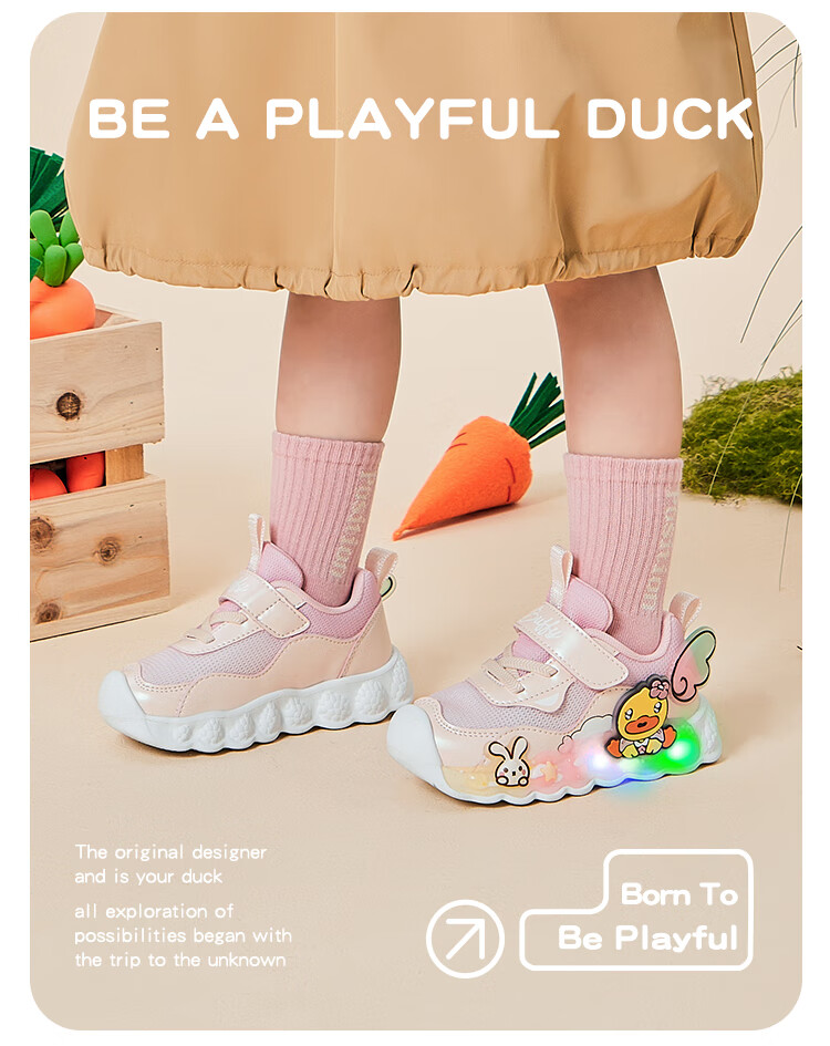 B.Duck Children's Shoes, Girls' Soft-Soled Sneakers, Light-Up Shoes with Flashing Lights, Spring And Autumn Season Bright-Light Shoes, White And Purple, Size 22 8