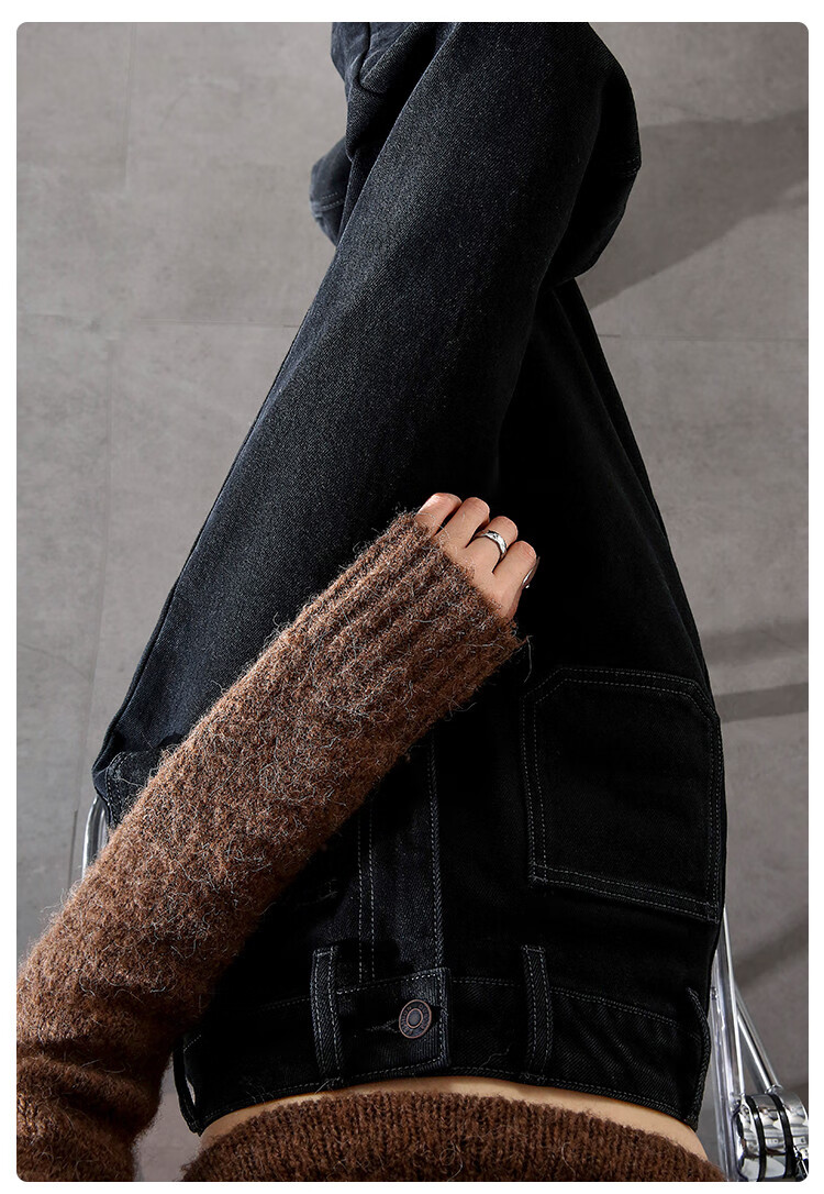 Dme Vintage Style Winter Double-Layer Thick Warm Fleece Straight-Leg Cropped Jeans for Women, Carbon Black, Size 26 13