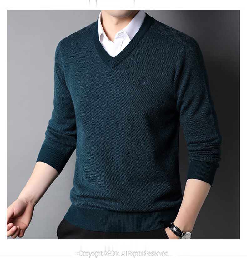 Hengyuanxiang 100% Pure Wool Men's V-Neck Thick Sweater Heart-Shaped Collar Men's Clothing 15213601 Blue Black 170/88A 8