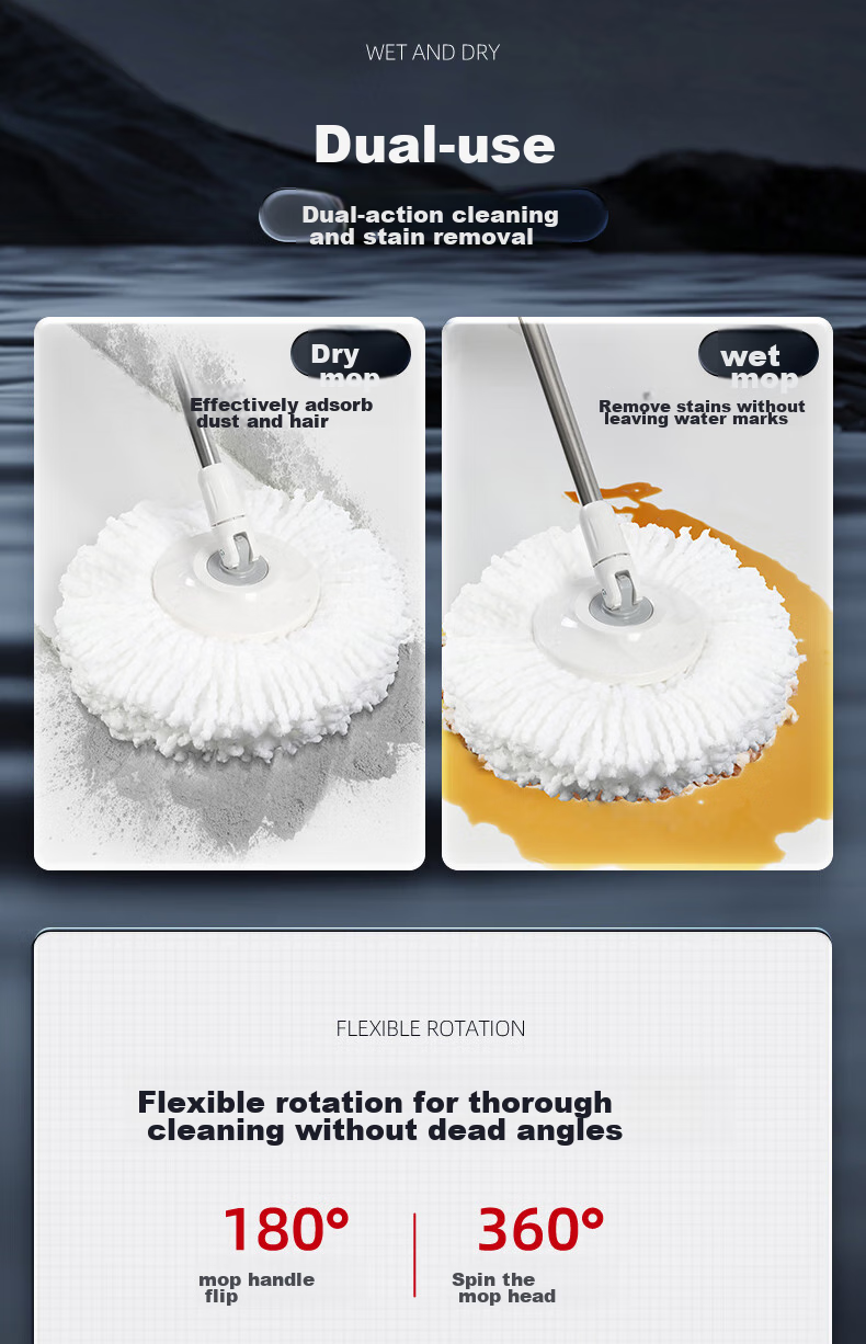 Good Wife 38cm Spin Mop with 2 Mop Heads, Dual-Drive Hydraulic Rod, Effort-Saving, Hands-Free Wet and Dry Cleaning 13