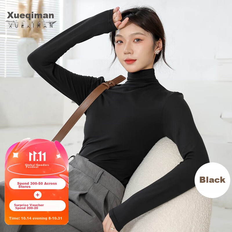 XUEXIMAN Women's Base Layer, Autumn And Winter Semi-Turtleneck Undershirt, High-Elastic Slim-Fit, Slimming Inner Wear, Solid Color Versatile Long-Sleeve Undergarment