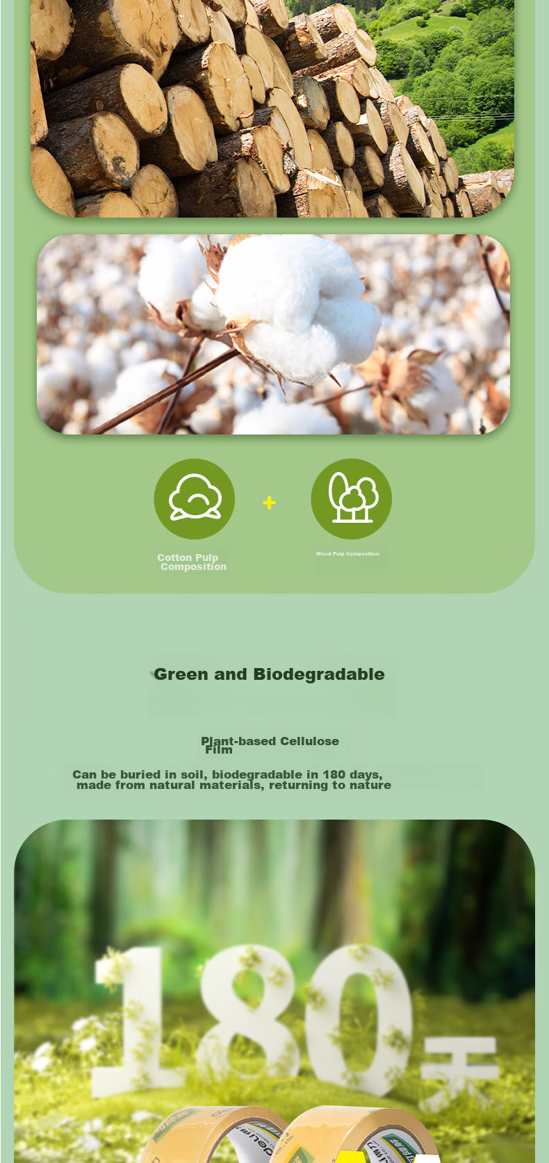 Deli Cellulose Film Packaging Tape, Green Environmentally Friendly, Biodegradable, Packaging Material, Easy to Tear, Packing Tape, 60mm*60y*50μm, 1 Roll, 30293 3