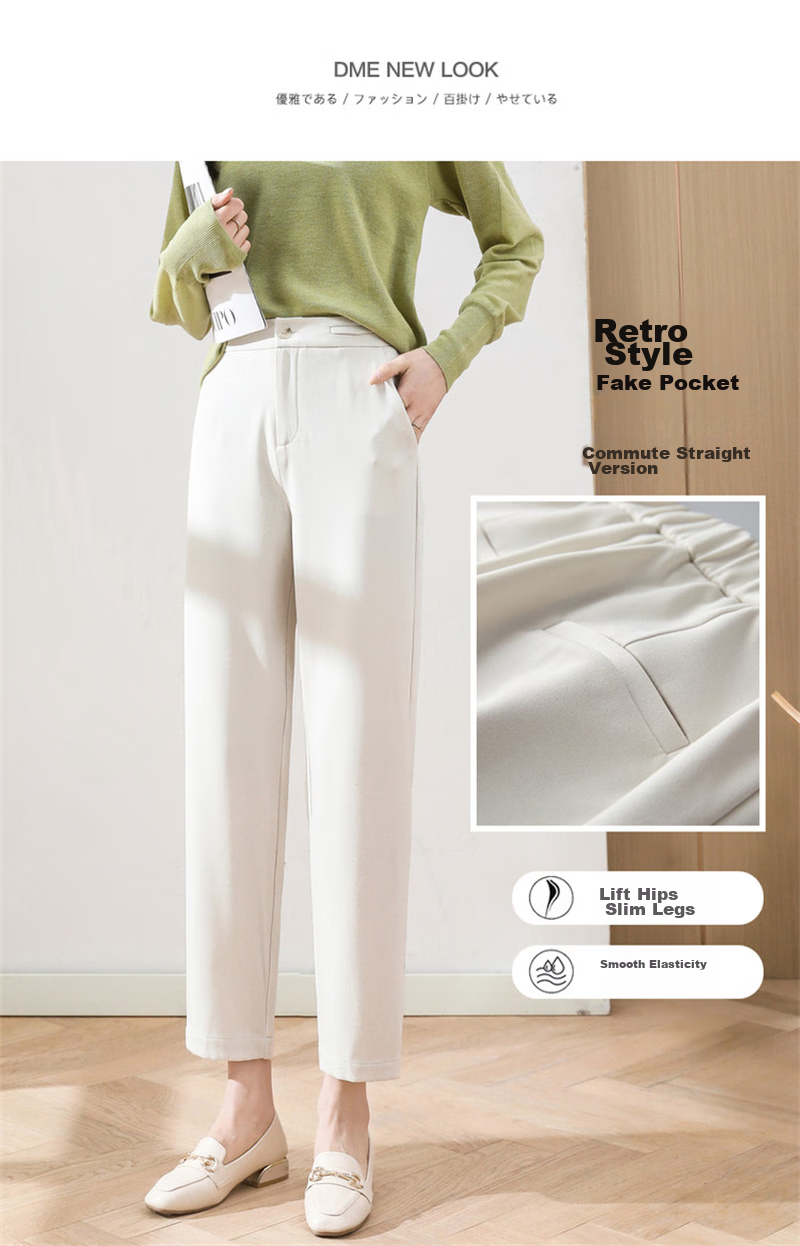 Dme Cropped Pants for Spring And Autumn, New Straight-Leg Suit Pants with Fake Pockets, Casual Trousers for Women, Khaki, S 17