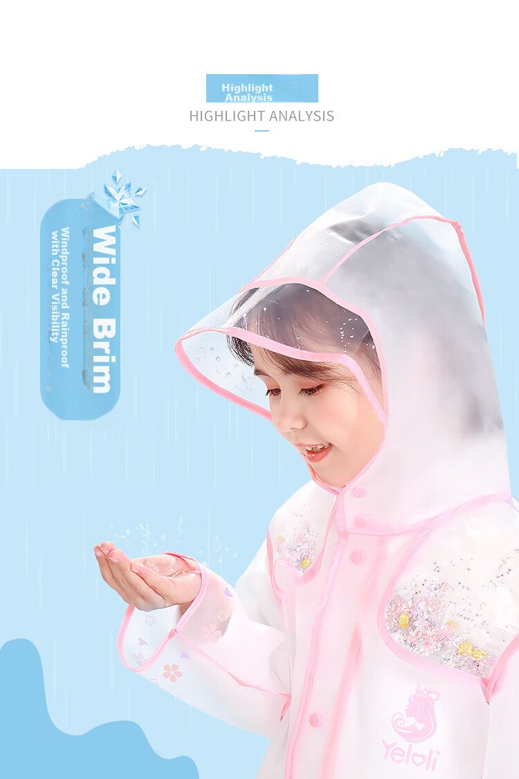 Duomiaowu Children's Raincoat for Girls, Kindergarten Baby with Backpack Space, Elementary School Student Transparent Rain Poncho 28F043 Ice Blue XXL Size 6
