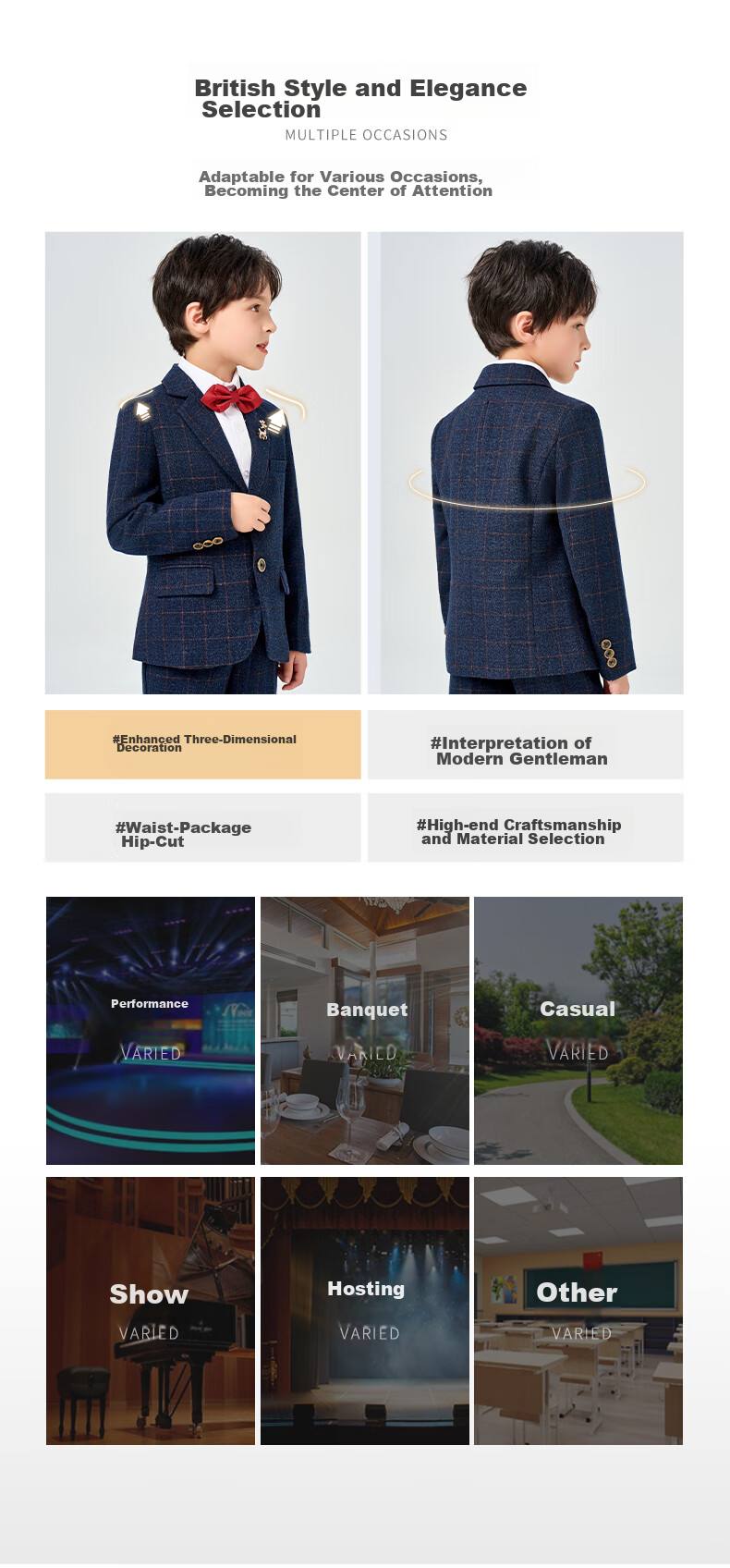 Luomeng Children's Suit Set, Flower Boy Host Formal Wear, Boys' First Birthday Piano Performance Outfit, Navy Blue And Yellow Plaid, Size 120 12