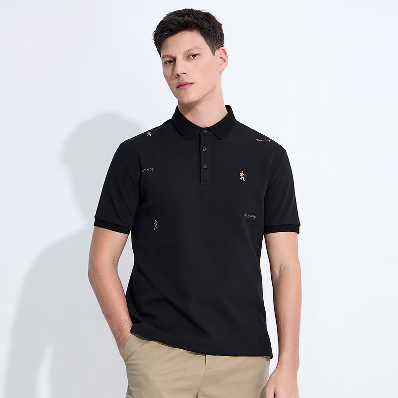 DANCING WOLVES [Cool Sensation Suoluna] Summer Ice-Cool Skin-Friendly Men's Short-Sleeve POLO Shirt, 001 Black, 180