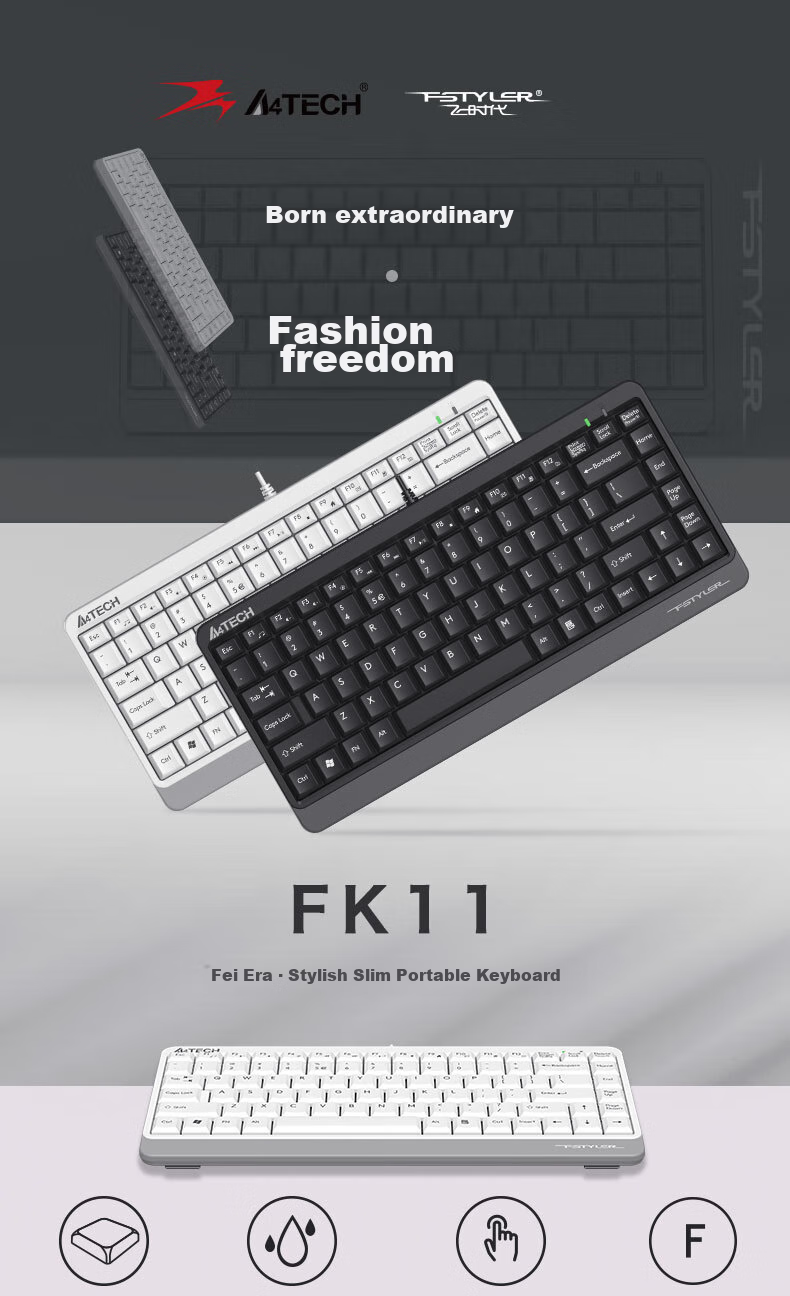 A4TECH FK11, 86-Key Wired Keyboard, Membrane Keyboard for Laptop And Office Use, Portable Small Keyboard, Compact Size, Fei Shidai, Su Kong Hai Color, Wired 2