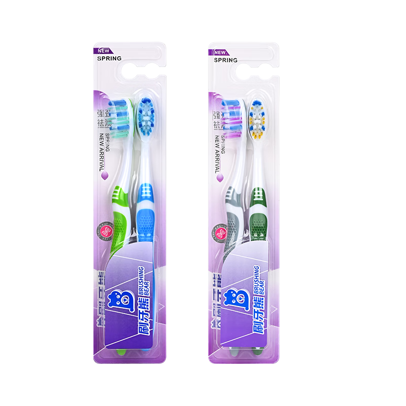 BRUSHING BEAR Medium-Hard Nylon Bristles Toothbrush for Stain Removal And Gum Protection, Adult Size, Sold by JD, Unisex Family Pack of 4