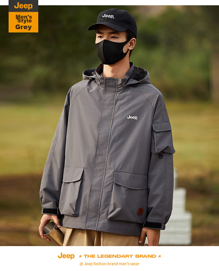JEEP Men's Jacket, Spring And Autumn Workwear, Loose Casual Windbreaker for Couples, Black, Size M 18