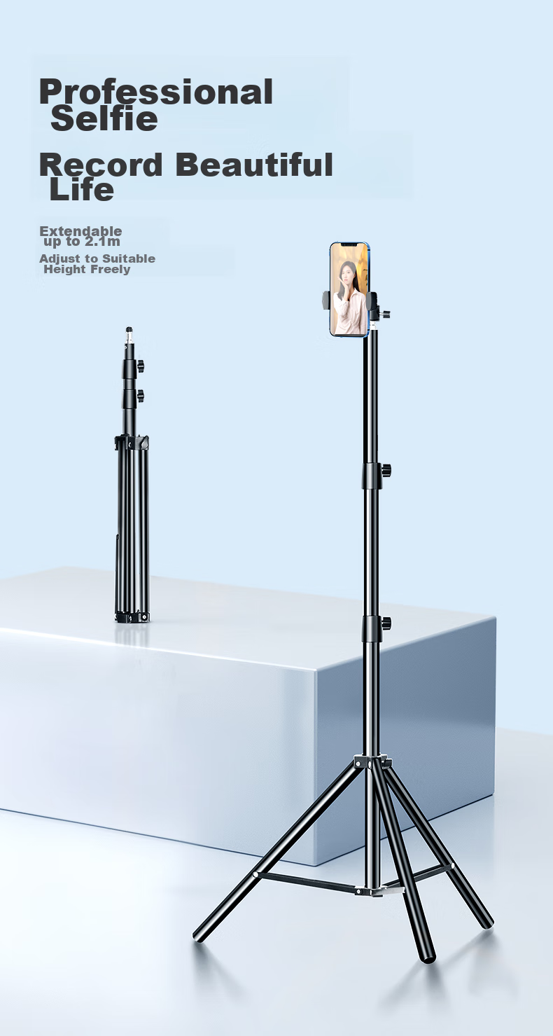 LINGCHEN Floor-Standing Phone Stand, Live Streaming Tripod for TikTok And Kuaishou Short Videos, Influencer Triangle Stand, Outdoor Portable Bracket, 2.1 Meters Foldable Storage 1