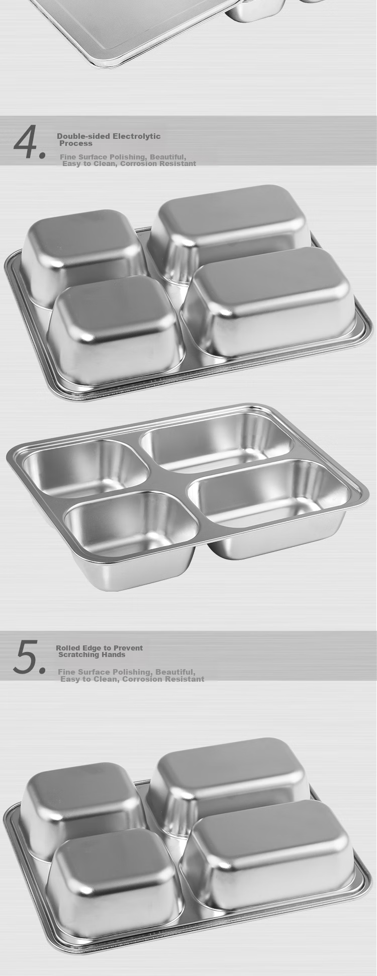Golden Key 304 Stainless Steel Thickened Adult Lunch Tray Full Steel High-Profile Five-Compartment with Lid GK-530KC 3
