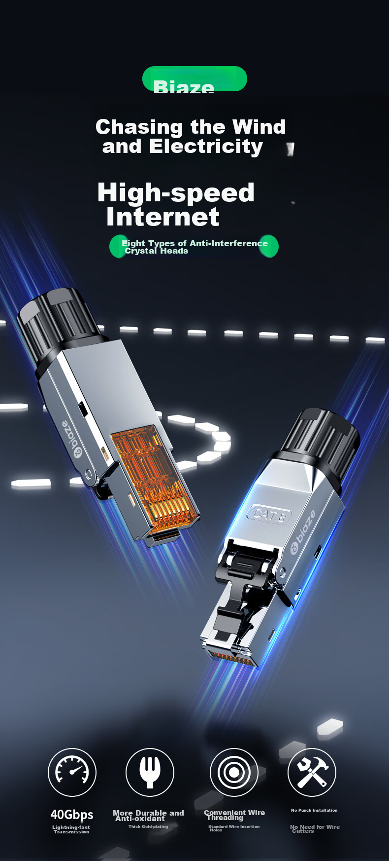 BIAZE Category 8 Tool-Free Crystal Head, Engineering-Grade Category 8 FTP Shielded Tool-Free Crystal Head, CAT8 10 Gigabit Network Connector, Reusable, Simple Installation-Free, Single Pack 1