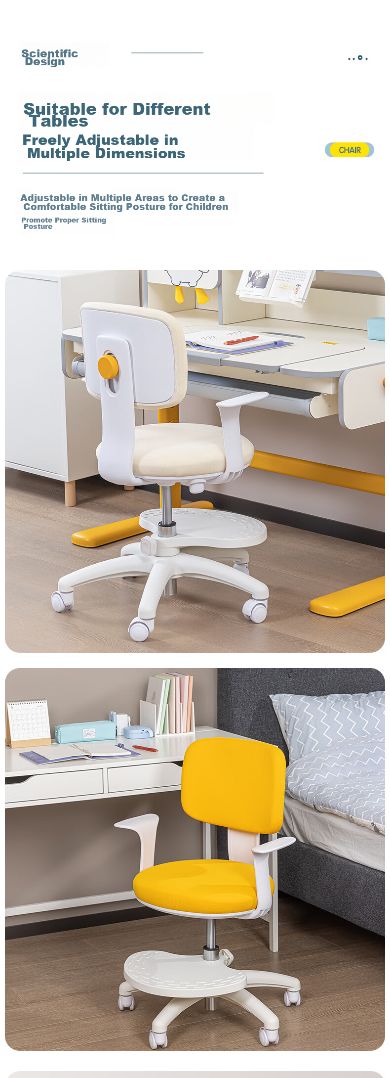 Deli Children's Learning Chair, Student Writing Desk And Chair, Ergonomic Height Adjustable Seat, Yellow (Single Chair) 3