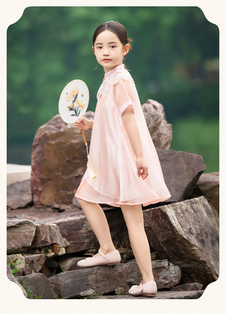 Classic Teddy Girls' Dress, Children's Hanfu, Big Kids' Improved Qipao, New Chinese Style Princess Dress, Pink, Size 160 9