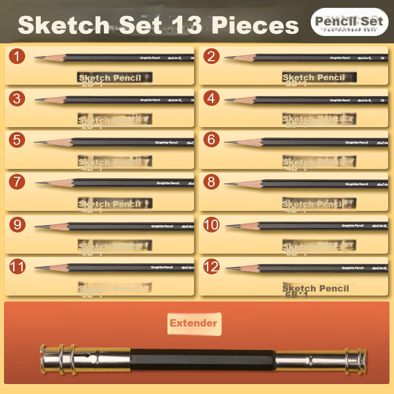 Mont Marte Sketching Set, 13 Pieces, Drawing Pencils, Art Tools, Charcoal Pencils, Sketch Paper, 2B 4B 6B, Beginner Practice, Sketching Pencil Set SX-QBTZ0001, Sketching, Marker Pens for Drawing