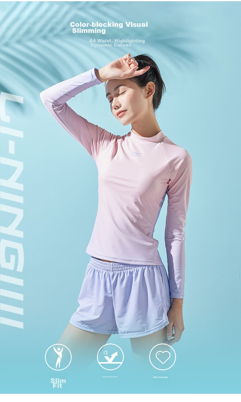 Li-Ning Women's Swimsuit, Sports Casual Two-Piece Swimwear, Fashionable Color-Block Long-Sleeve Hot Spring Resort Swimwear, 072 Blue Pink, 3XL 2