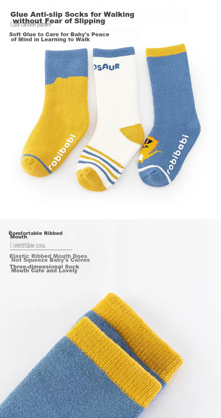 9I9 Baby Socks, Autumn And Winter Mid-Calf Length, Floor Socks for Infants, Non-Slip Children's Cotton Socks, Terry Cloth, 3 Pairs, A168 5