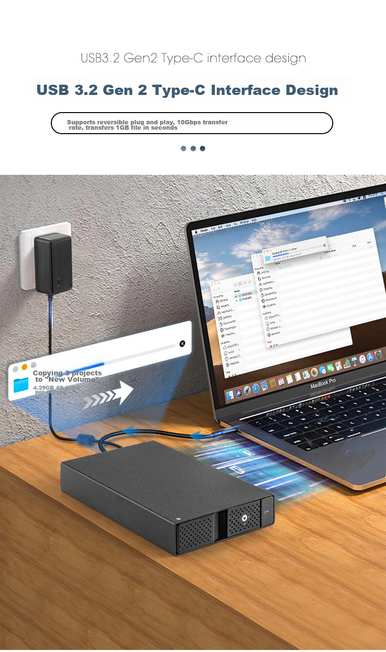 Shiteli 3.5-Inch Single-Bay External Hard Drive Enclosure 9110U32C, Supports 24TB Hard Drive, USB3.2 Type-C Interface, Dual Data Cables 5