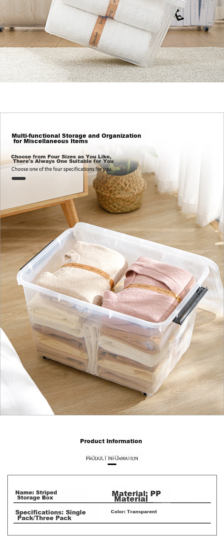SPACEXPERT Large Plastic Storage Box with Wheels, Transparent Clothes Organizer Container, 60L Capacity, 1 Pack 4