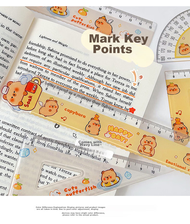 Touch Fish Student Ruler Set, Capybara Ruler Set, Cute Water Deer Ruler Set, Stationery Student High-Quality 15cm Scale Ruler, Back-To Four-Piece Set, Yellow Water Deer 9